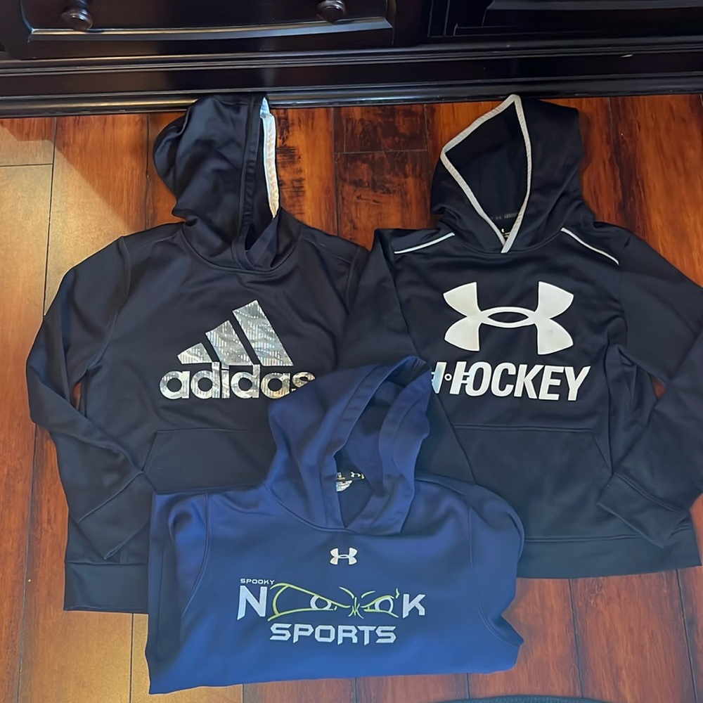 Adidas and under armor hoodies. Size 10/12 kid wore all of these. Gently worn